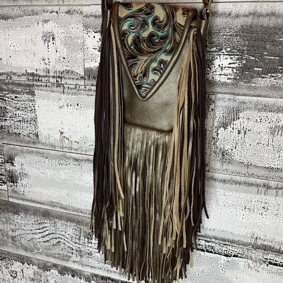 Metallic bronze and accents in turquoise and brown embossed crossbody purse - Picture 13 of 15